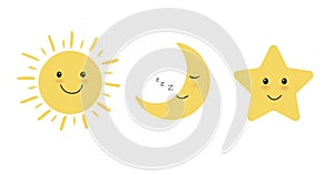 Sun, moon and star icon on white background. Cute sun and star smiling cartoon characters. Moon sleeping. Vector
