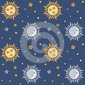 Sun, Moon and Star. Seamless pattern.