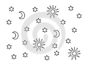 Sun, moon and stars black and white