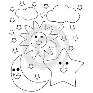 Sun moon and stars with clouds coloring page