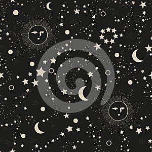 Sun, moon and stars seamless fabric design pattern