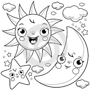 Sun moon and stars. Vector black and white coloring page.