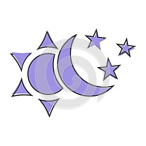 Sun and moon with stars vector icon. The symbol of the change of day and nigh cartoon style on white isolated background