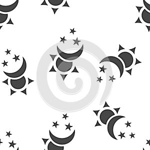 Sun and moon with stars vector icon. The symbol of the change of day and night  seamless pattern on a white background