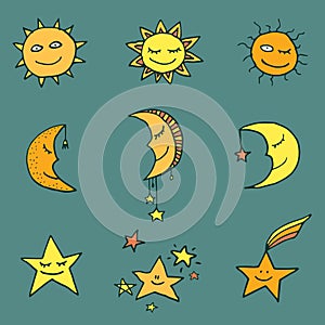 Sun, moon and stars vector icons.