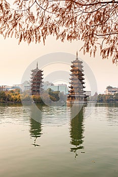 Sun-Moon Towers in sunset, Guilin