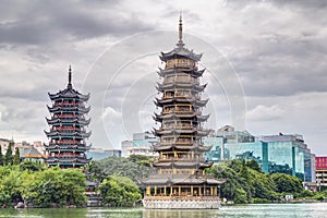 Sun and Moon twin double pagodas and Shanhu lake in Guilin