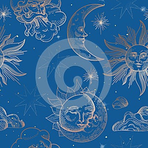 Sun and Moon Vintage Seamless Pattern. Oriental Style Background with Stars and Celestial Astrological Symbols Fabric