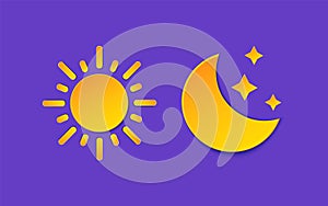 Sun and Moon Weather forecast info set. Yellow Day, Night symbol, star paper cut style. Climate weather element. Trendy