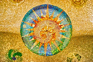 Sun mosaic at the Parc Guell, Barcelona