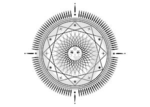 Sun mystic icon Sacred Geometry sign, radial rays symbol, concept of sunlight, logo Mandala tattoo of black line, Masonic symbols
