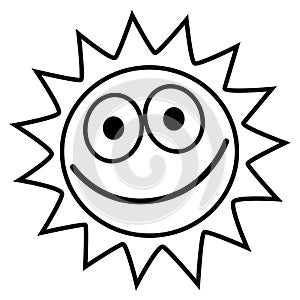 sun - one smiling sun with eyes, black and white cartoon vector illustration isolated on white