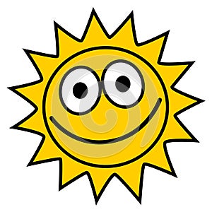 sun - one yellow smiling sun with eyes, color cartoon vector illustration isolated on white