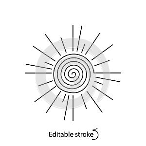Sun outline logo. Hypnosis concept. Minimal sunny emblem. Bohemian sign. Editable stroke. Isolated vector illustration