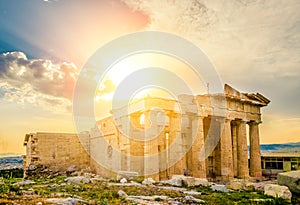 Sun over the Erechtheum temple ruins in Acropolis