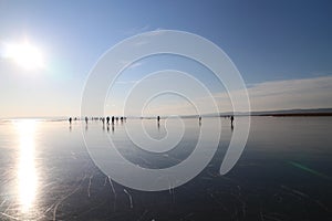 Sun over frosted lake Neusiedl, Neusiedler See