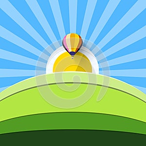 Sun over hill with hot air balloon - sunset or sunrise cartoon