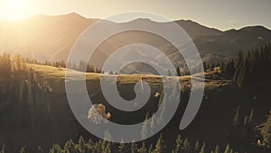 Sun over mountain ridges aerial. Pine forest at mount village. Alpine autumn nobody nature landscape