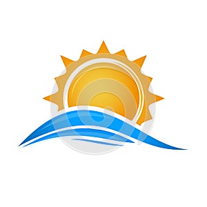 Sun over sea waves. Sun logo icon