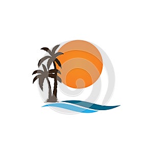 Sun with palm tree icon minimal flat desert logo illustration