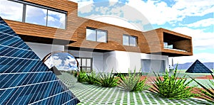 Sun panels as a finishing of pyramids located in a yard of contemporary ecological house. Steel ball near the entrance. 3d