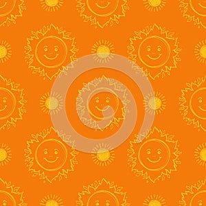 Sun pattern seamless. Hand drawn yellow sunshine icons orange background