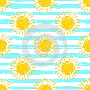 Sun pattern seamless, striped background. Hand drawn yellow sunshine icons