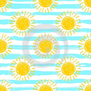 Sun pattern seamless, striped background. Hand drawn yellow sunshine icons photo
