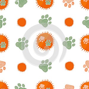 Sun with paw prints seamless fabric design pattern