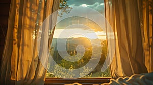 The sun peeks through the curtains signaling the start of a new day in the mountains. The stillness of the morning is