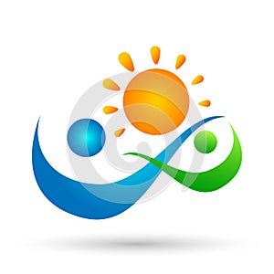 Sun people team work union wellness celebration group work concept symbol icon design vector on white background