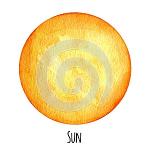 Sun Planet of the Solar System watercolor isolated illustration on white background. Outer Space planet hand drawn. Our photo