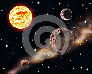 Sun and planets in deep space scene with glowing stars and nebula clouds illustration background universe galaxy celestial design