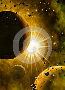 Sun and planets in space, 3d rendering, nebula and asteroids