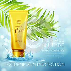 Sun protection cosmetic products design template. Vector illustration photo