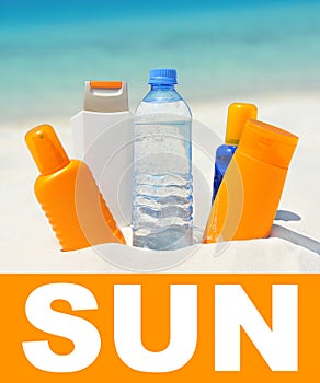 sun protection cream on beach background