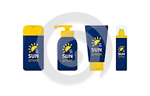 Sun protection cream and lotion containers. Set of sunblock summer