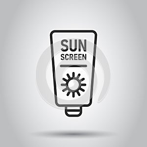 Sun protection icon in flat style. Sunblock cream vector illustration on white isolated background. Spf care business concept