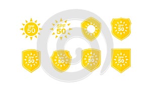 Sun protection labels set. SPF 50. Vector on isolated white background. EPS 10
