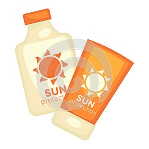 Sun protection lotions set isolated on white. Flasks with moisture