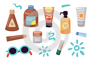 Sun protection, safe suntan products set. Beach holidays concept. Flat design, cartoon SPF cosmetic products collection.