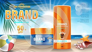 Sun protection, sunscreen and Sunblock design template. Cosmetic products ads with sea shells and palm trees on the