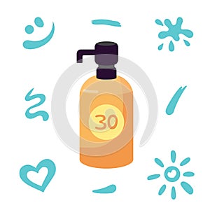 Sun protection, suntan lotion dispenser. Cartoon SPF cosmetic product with suntan cream strokes. Vector, flat design