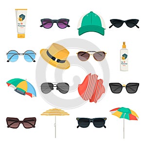 Sun protection ways color flat icons set for web and mobile design