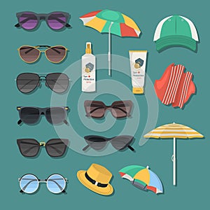 Sun protection ways color flat icons set for web and mobile design