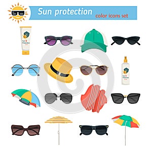 Sun protection ways color flat icons set for web and mobile design