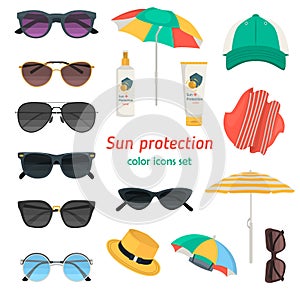 Sun protection ways color flat icons set for web and mobile design