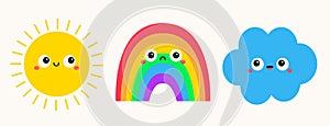 Sun, rainbow, cloud icon set line. Cute cartoon kawaii funny baby character. Baby collection. Smiling face emotion. Flat design.