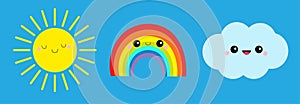 Sun, rainbow, cloud icon set line. Cute cartoon kawaii funny baby character. Smiling face emotion. Baby charcter collection. Flat