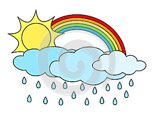 Sun with rainbow and clouds clipart. Cartoon vector illustration isolated on white. Weather symbol